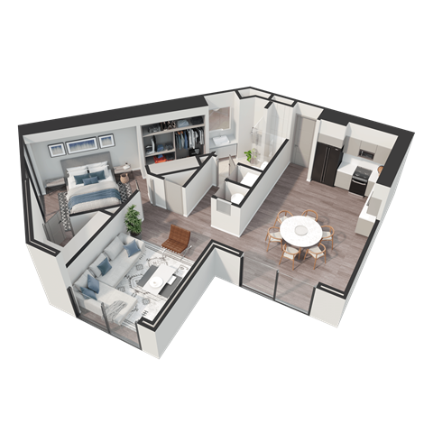 Floor plan for 1 bed, 1 bath, 899 sqft